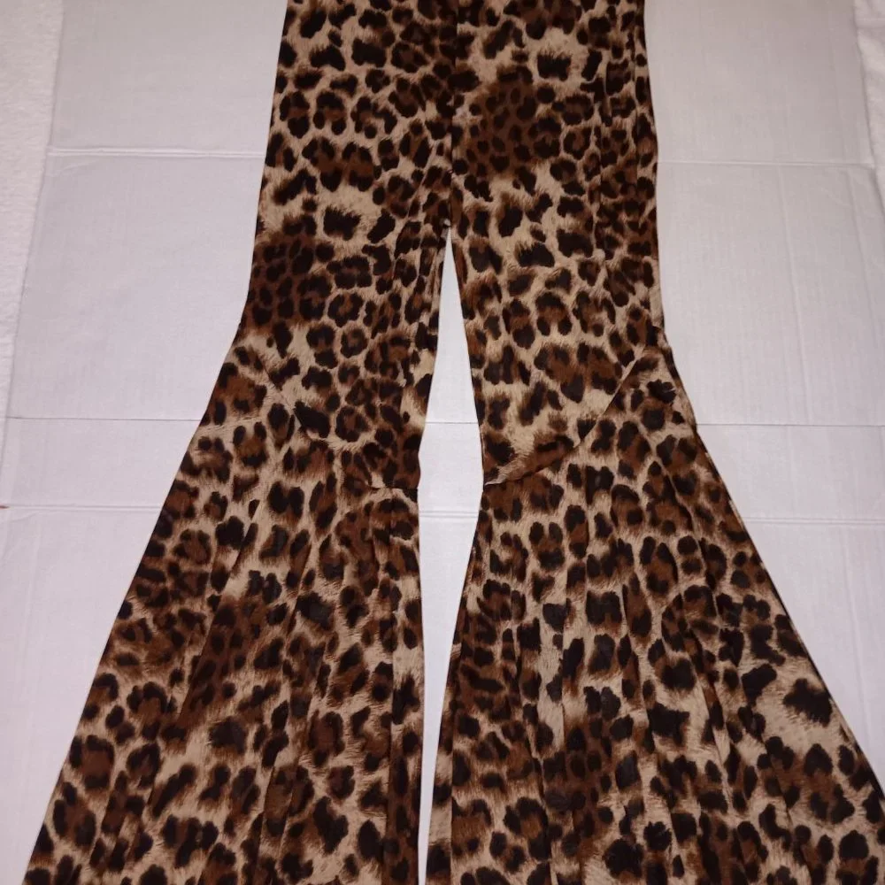 FASHION NOVA SHEER FLARE LEG ANIMAL PRINT PANTS SIZE SMALL